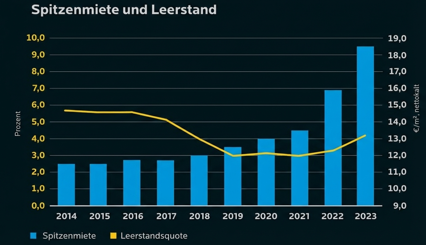 Diagramm mit blauen Balken (Spitzenmiete) und gelber Linie (Leerstandsquote) für 2014–2023